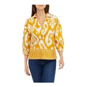 Crown & Ivy Blouse Womens XL Yellow White Ikat 3/4 Sleeve Split Neck Boho Top